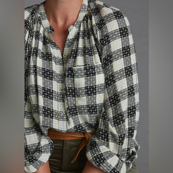 PILCRO Plaid Button Front Blouse Black Cream Lightweight Top Small Anthropologie - Picture 11 of 12